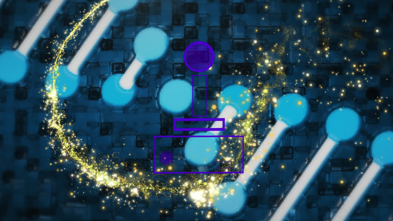 추상적인 패턴의 애니메이션, 날아다니는 렌즈 플레어, 파란색과 검은색 배경 위에 회전하는 dna 나선