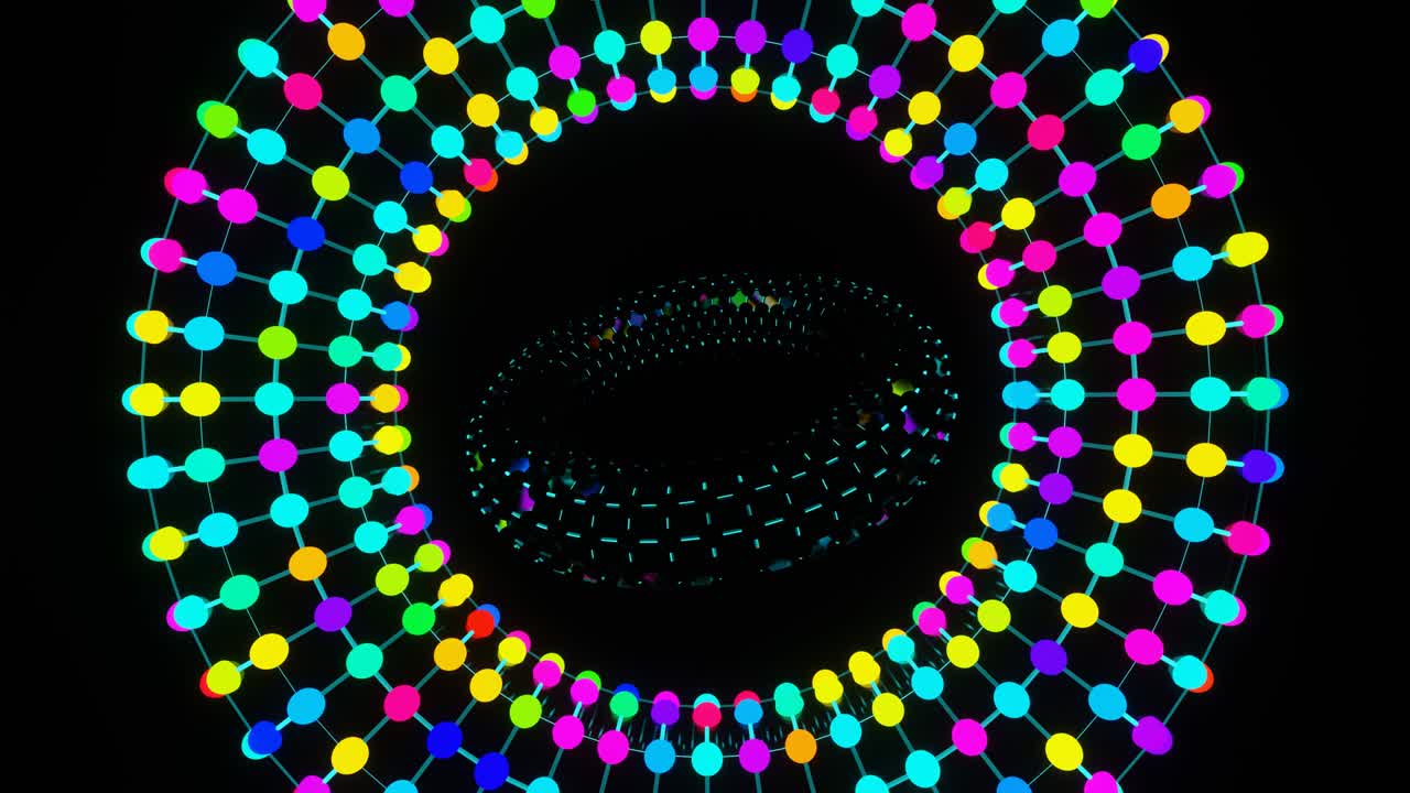 rotazione in anello vj di un toroide astratto lampeggiante con luci multicolori 02.