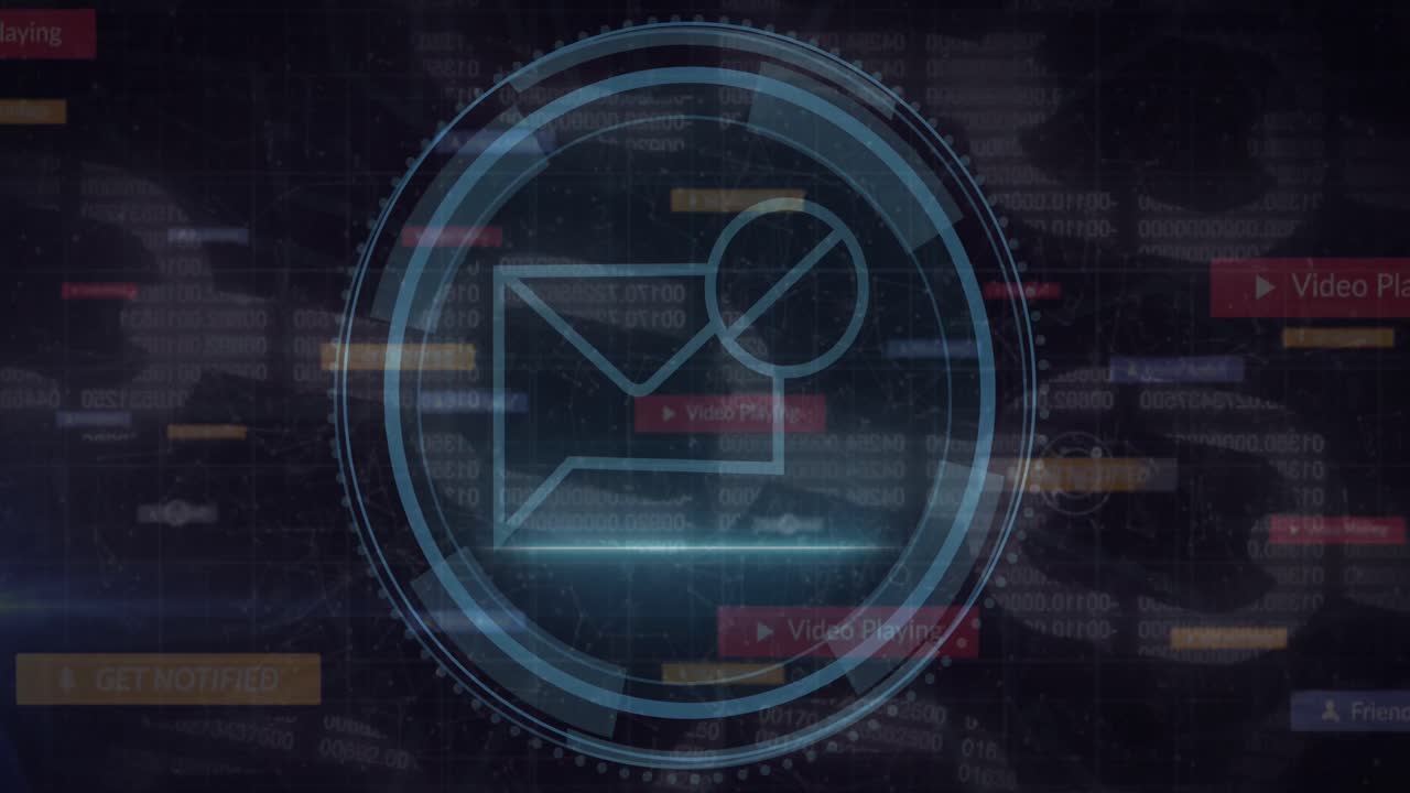 Grid network over cyber security text over round scanner against security chain on black background
