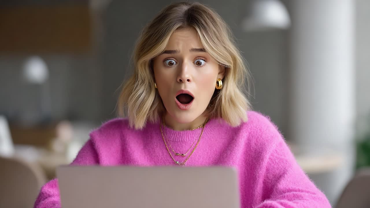 Surprised and Concerned: A woman expresses a range of emotions from shock to anxiety while engaging with her laptop in a cozy, modern environment