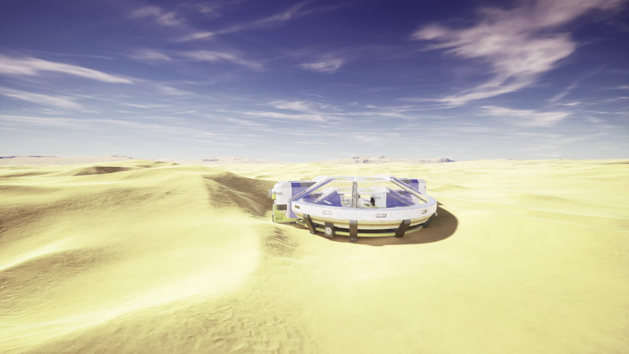 Laboratory setup in an arid landscape with modern scientific equipment present