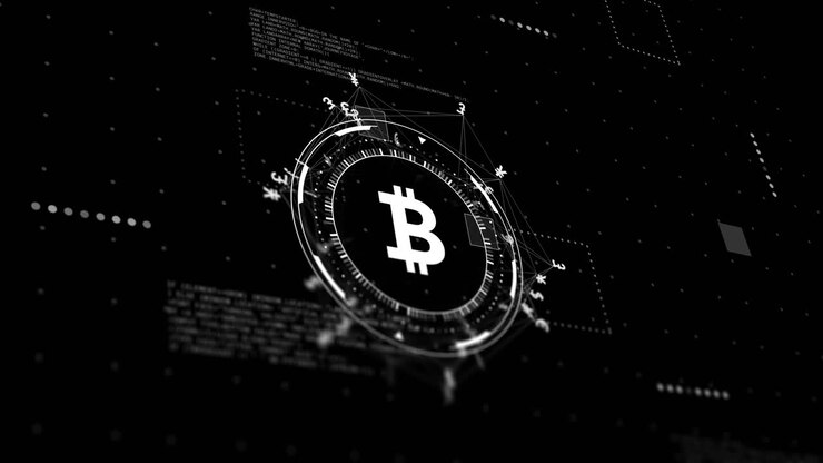 Animazione di rete con elaborazione dati e simboli Bitcoin su sfondo nero