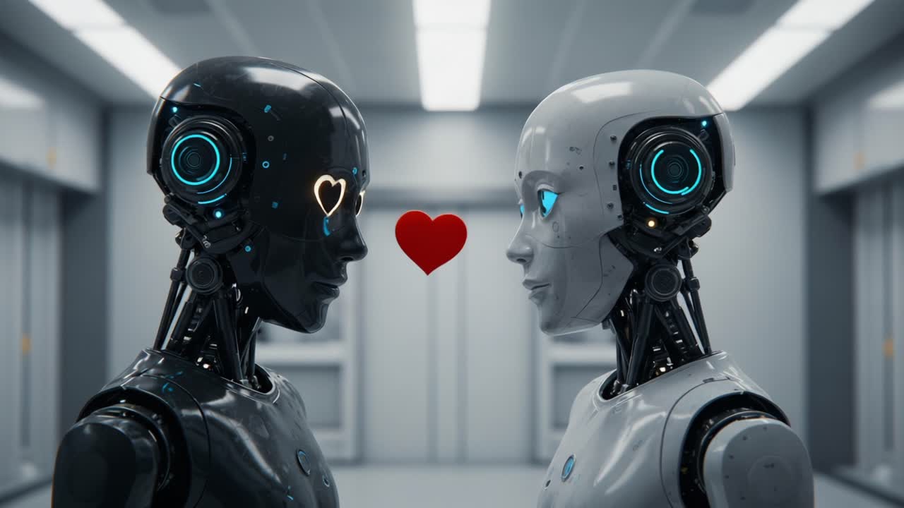 A Captivating Moment Between Two Robots: Exploring Themes of Connection and Emotion in a Futuristic Setting with Heart Symbols Emerging between Their Gaze