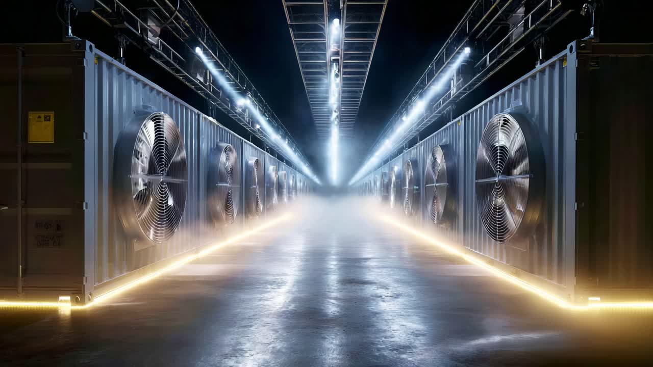 A Futuristic Cooling Infrastructure Surrounded by Industrial Fans and Bright Lights, Creating an Atmospheric and High-Tech Environment for Efficient Climate Control