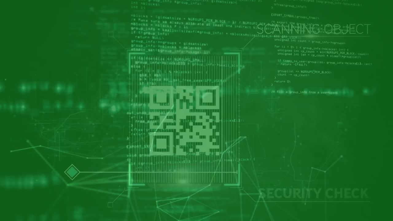 animación del código qr sobre procesamiento digital en fondo verde