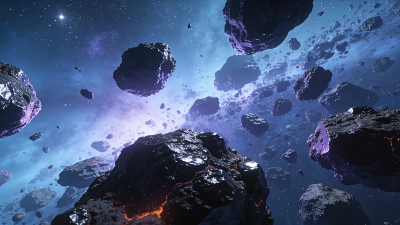 Telecamera che avanza attraverso un denso campo di asteroidi, rivelando venature fuse e un bagliore viola per una demo tecnologica.