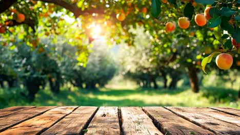 a wooden table in front of an orchard with ripe peaches hanging from the trees