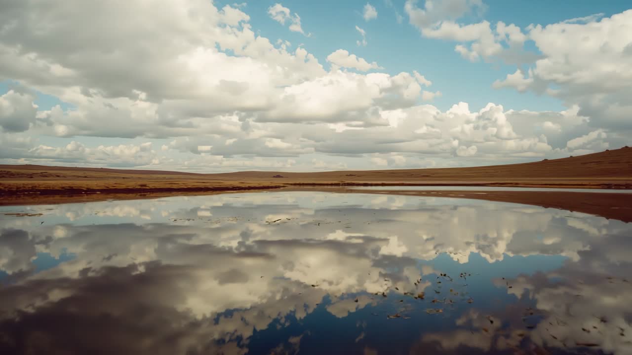 Cumulus clouds drifting under gentle breeze over plain pond, creating shifting water reflections