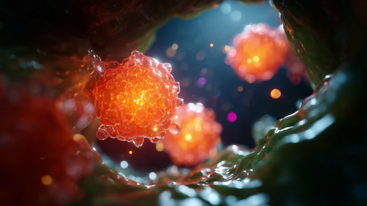 Microscopic View of Vibrant Cellular Structures Illuminated in a Colorful Environment, Showcasing the Intricate Details of Life at a Molecular Level