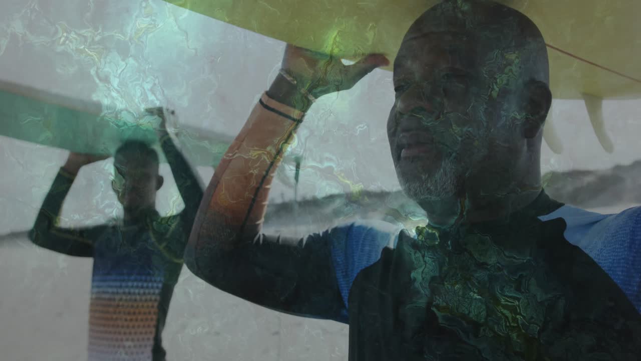 Animation of waves over african american men with surfboards