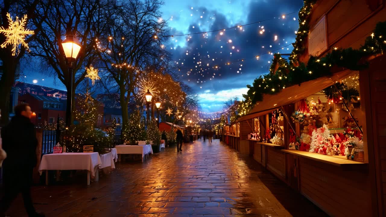 A Magical Evening Stroll Through an Enchanting Outdoor Market Adorned with Sparkling Lights and Holiday Decorations, Inviting Visitors to Experience a Blissful Festive Atmosphere Under the Starry Sky