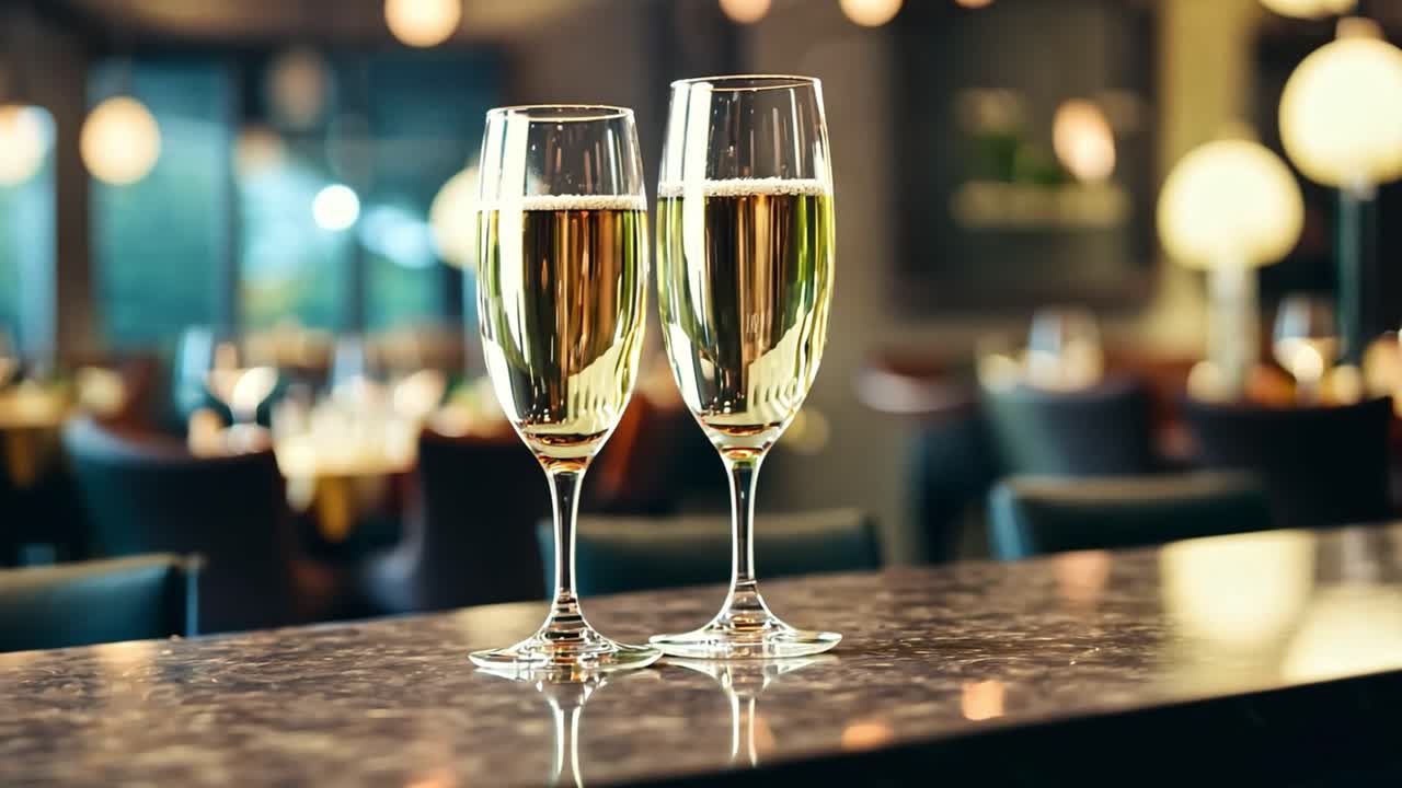 Two champagne glasses on a bar