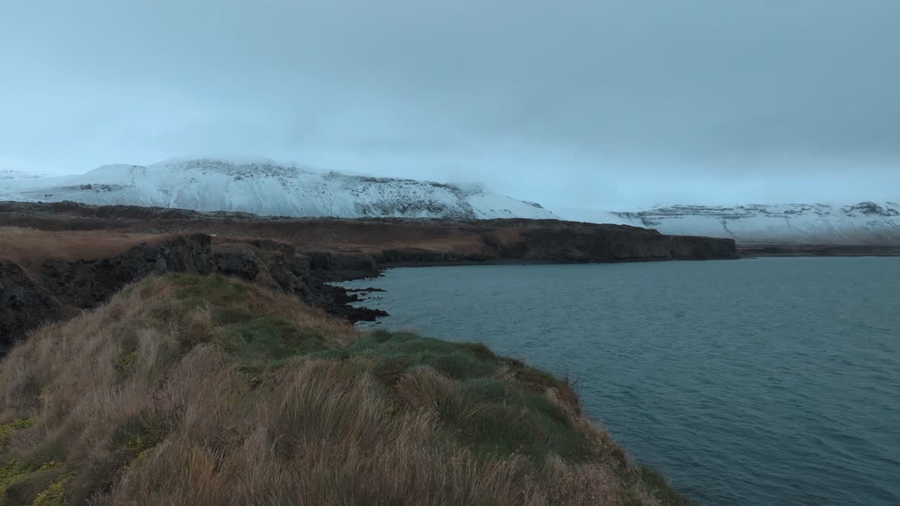 블랙, 바살트, 라바, 아이슬란드의 거친 해변을 따라 절벽 가을에 추운, 구름 인 날 - 공중 비행