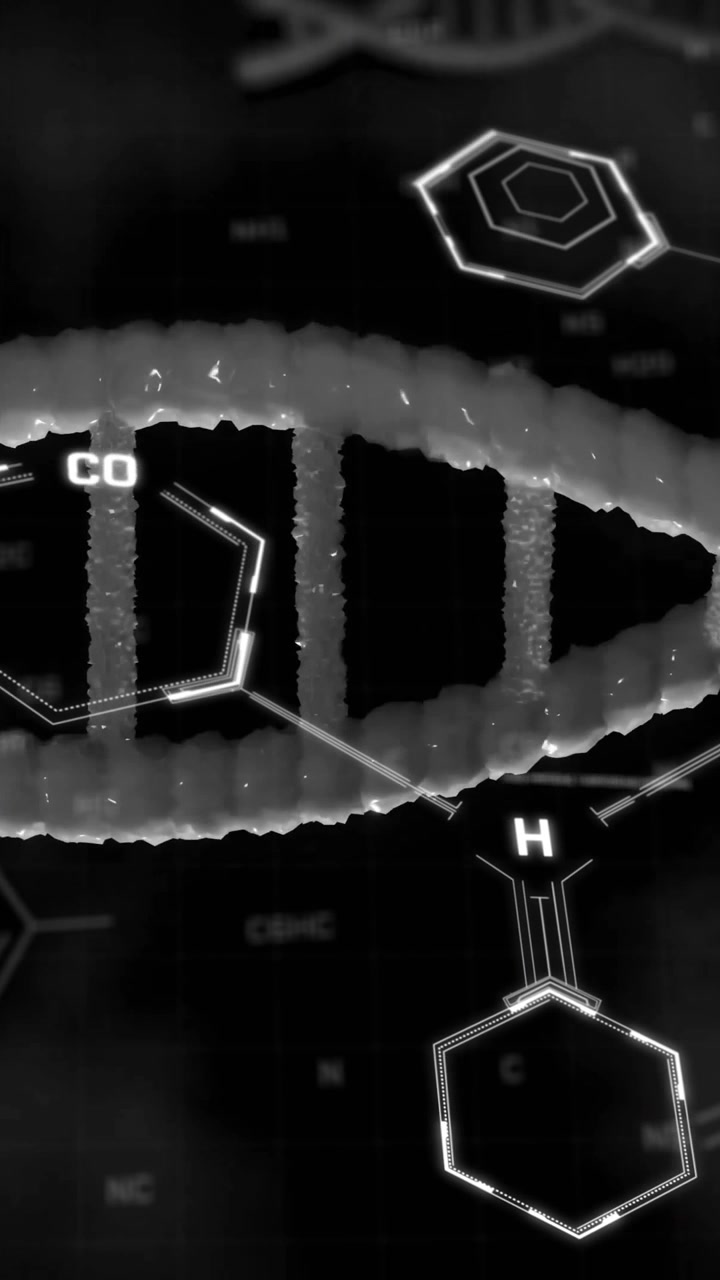 Animazione di formula chimica e filamento di DNA su sfondo nero