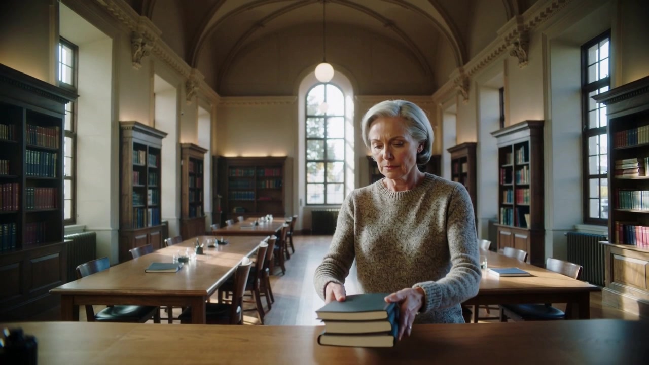 Entering from right, senior woman in sweater placing books on library table, preparing to study