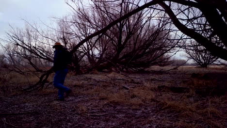 a man is silhouetted as he walks through the dark forest