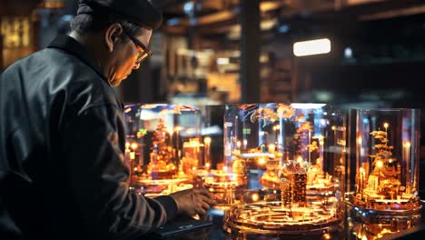 artist creating illuminated sculptures in a workshop at night