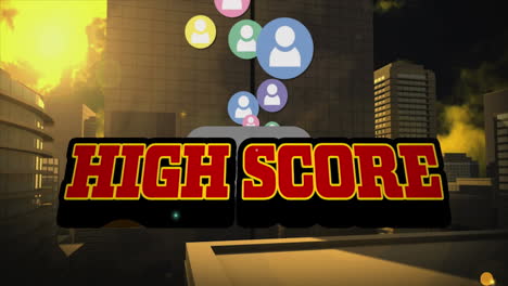 animation of high score and social media reactions over cityscape