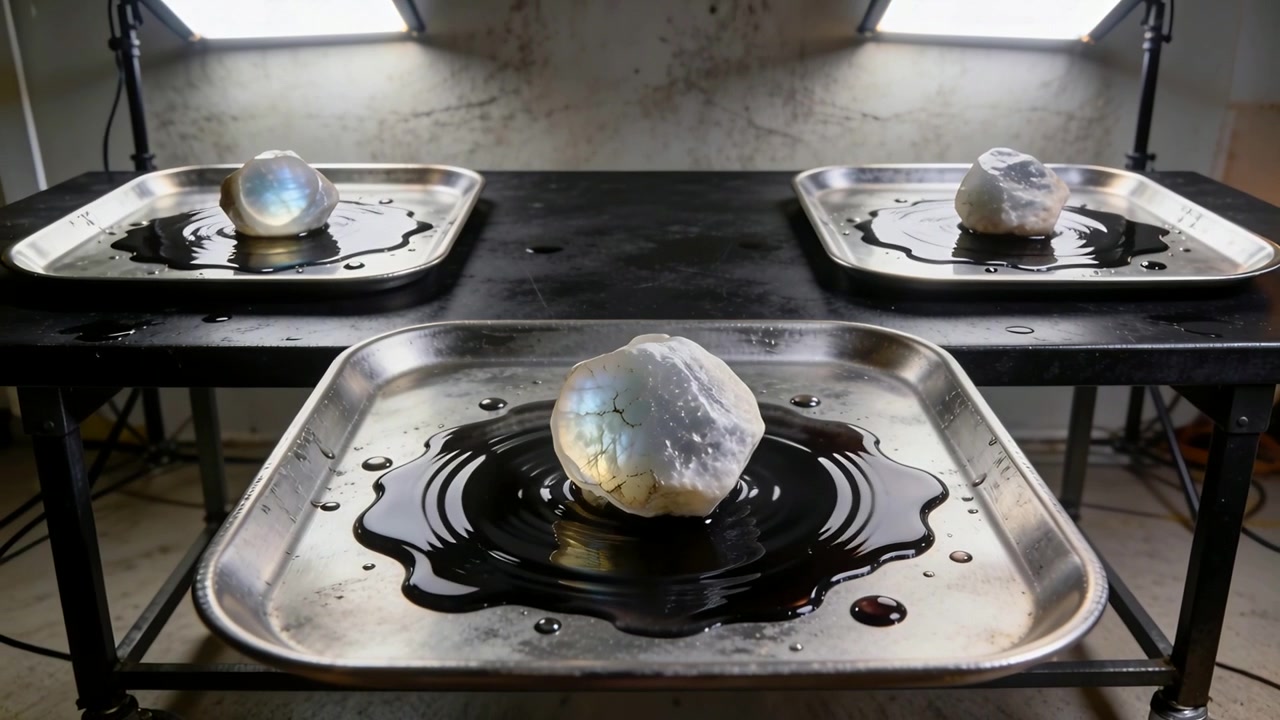 Un oggetto rotondo in primo piano che si assesta e si inclina, mostrando una crepa, increspature che si muovono su una pozza scura in un negozio, 3 vassoi.