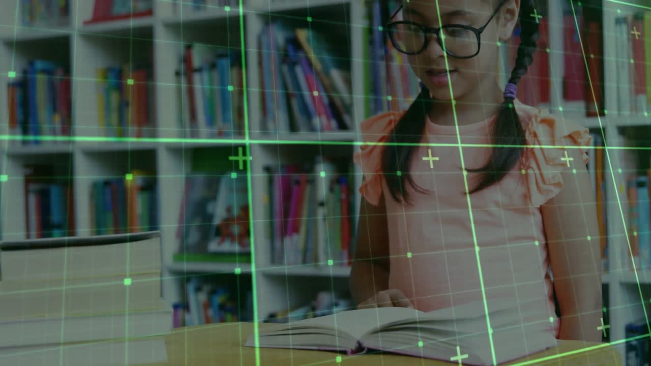 Student girl placing finger on open book under green grid overlay and reading educational text