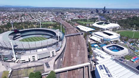 aerial through melbourne sports precinct mcg, rod laver area aami park