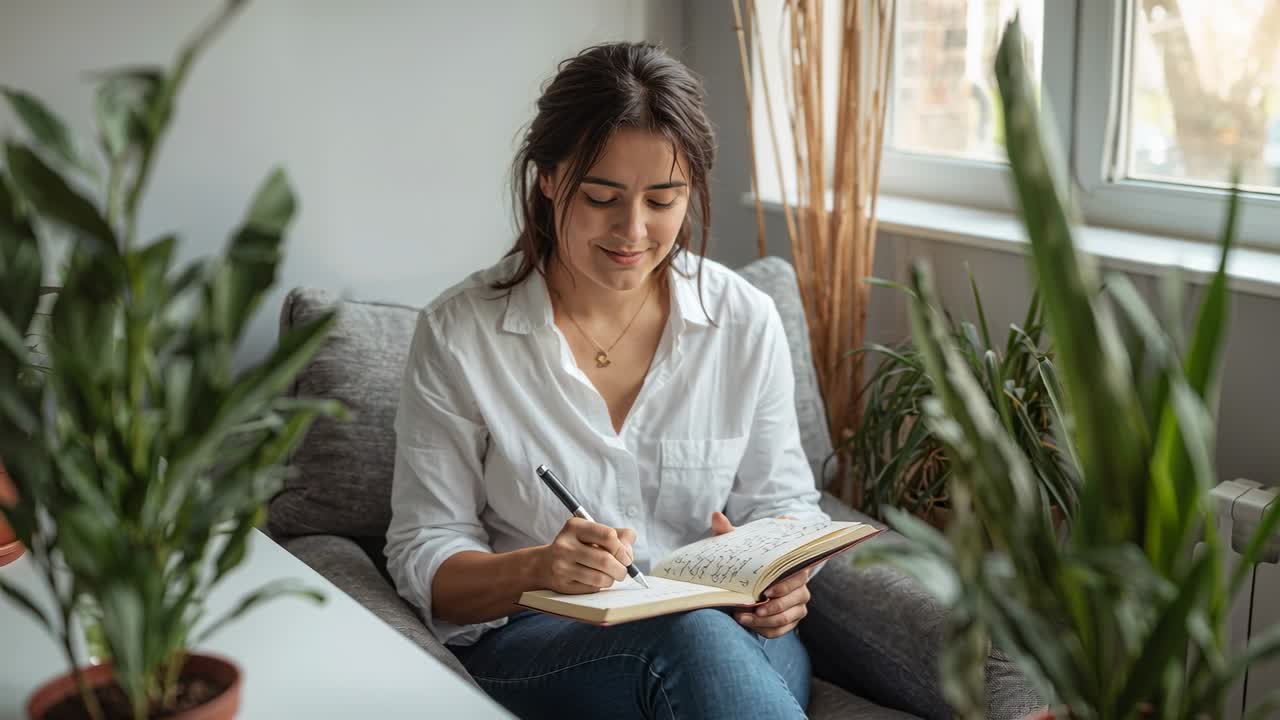 Noticing open notebook, woman wearing white shirt and jeans writing on couch by window, holding pen