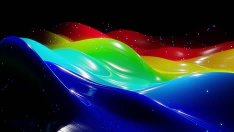 superficie 3d abstracta con hermosas olas, chispas luminosas y gradiente de colores brillantes, colores del arco iris. las olas corren en una superficie muy brillante y brillante con brillo brillante. animación en bucle 4k