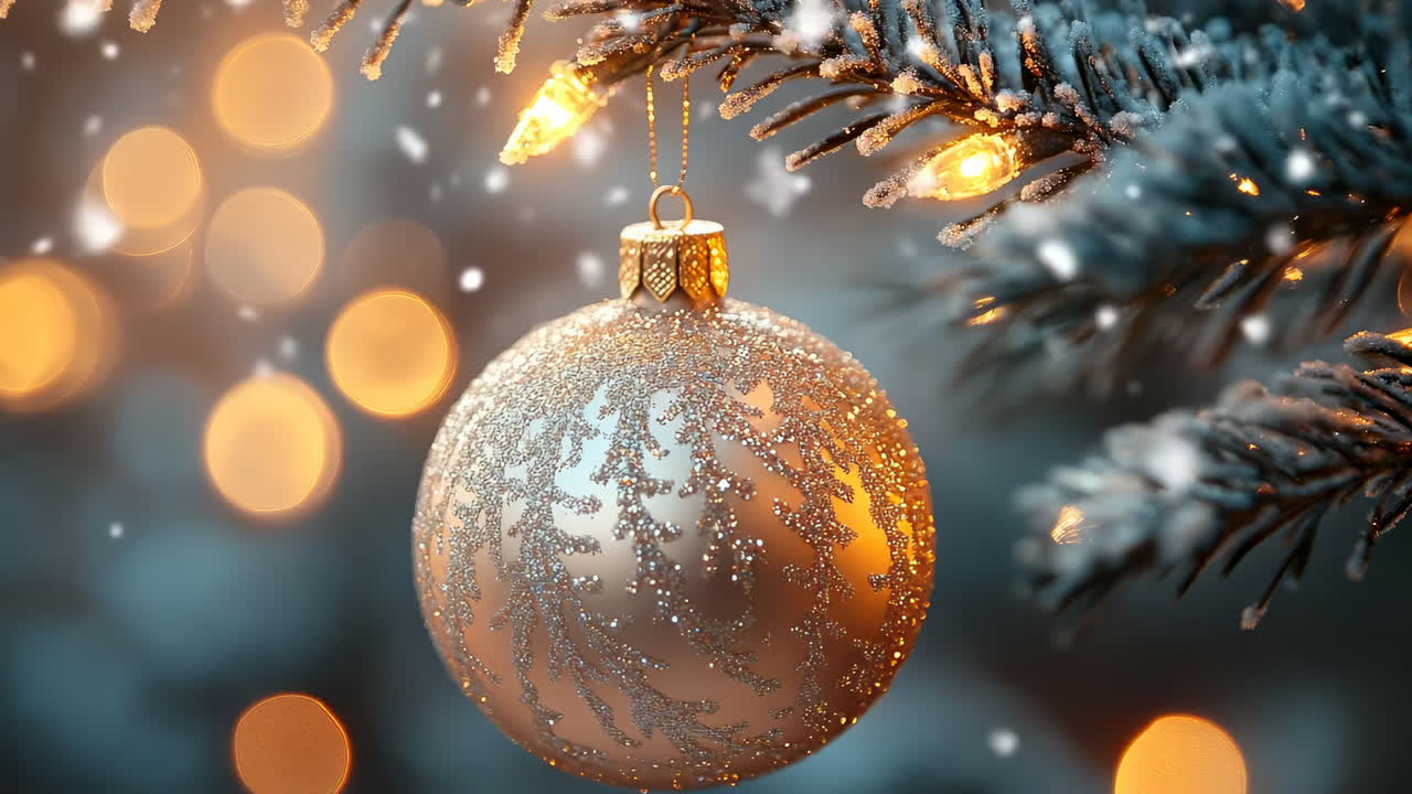 Un bellissimo ornamento appeso a un albero innevato. Un ornamento scintillante penzola da un ramo circondato da neve soffice e luce calda, creando un'atmosfera festosa.