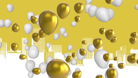 digital animation of multiple balloons floating over city drawing against yellow background