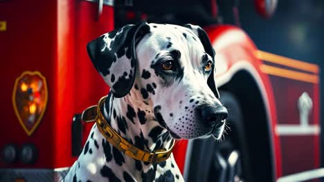 a dalmatian dog sitting in front of a fire truck