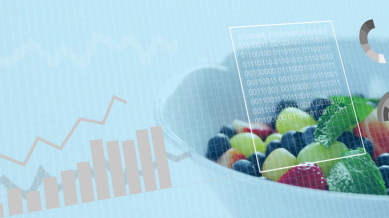 Fruit bowl with data processing animation overlaid, showing binary code and graphs