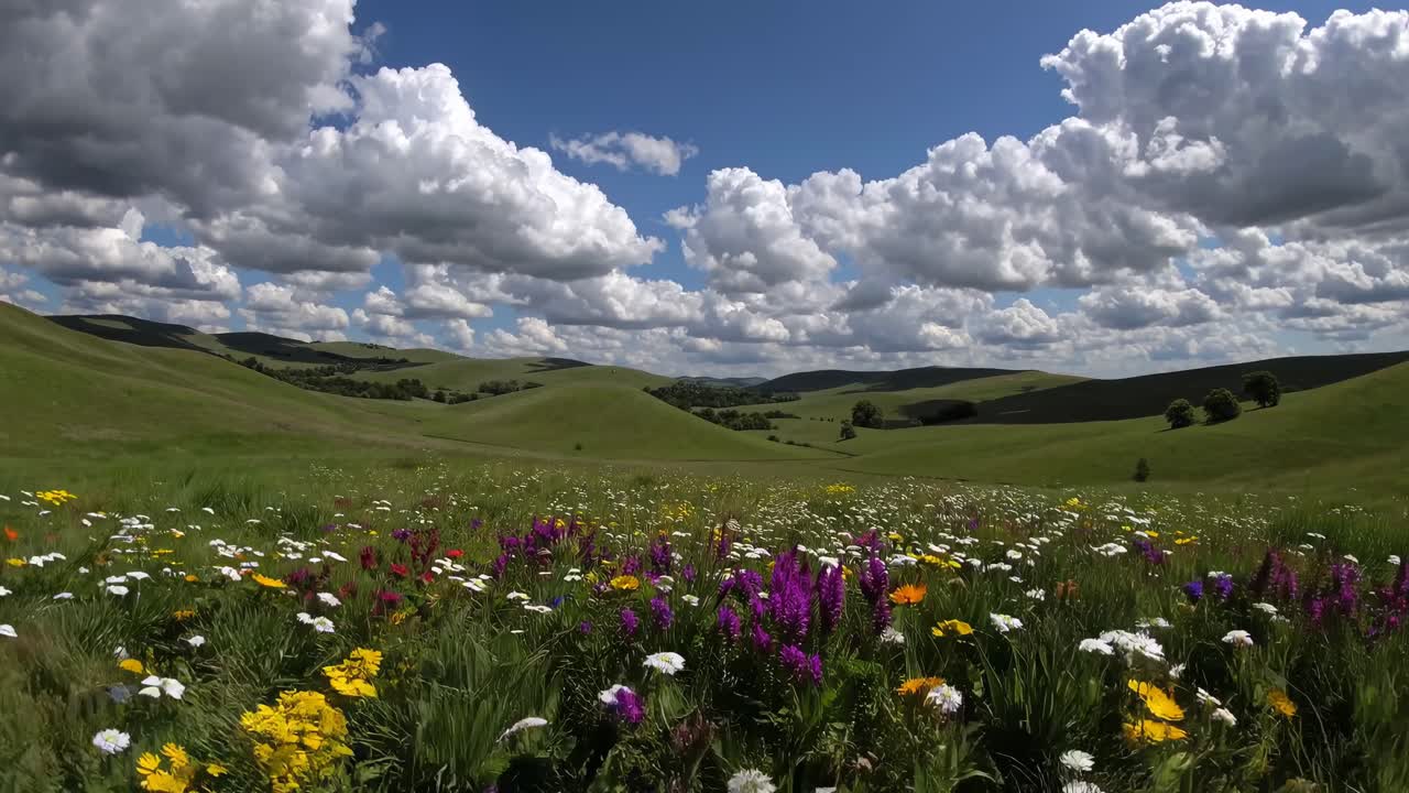 Vídeo grande angular capturando um campo vibrante com flores silvestres coloridas sob um céu dramático