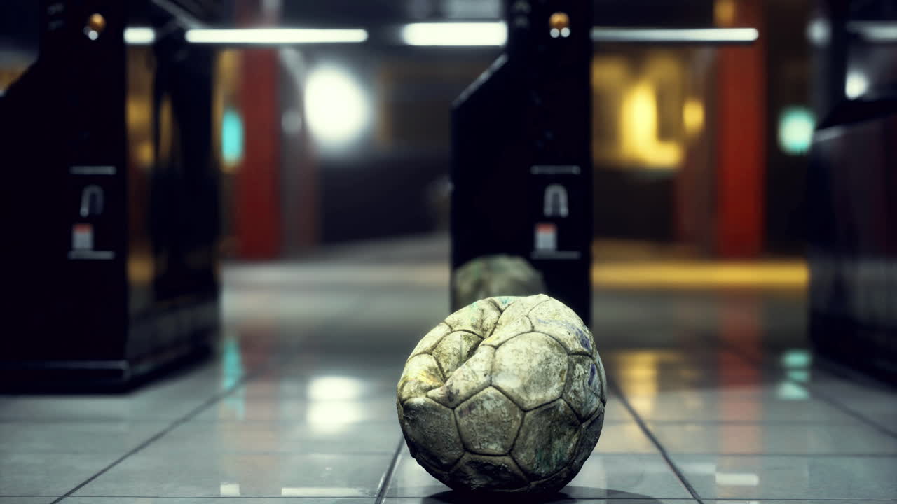 Soccer ball rests on a subway platform during evening rush hour