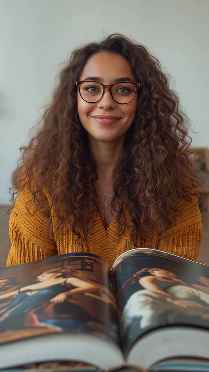 Vídeo vertical: mulher de blusa de tricô mostarda e óculos, folheando um livro de arte e reagindo à arte em casa