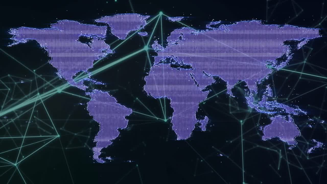 Animation of dots connected with lines over glitched map against black background