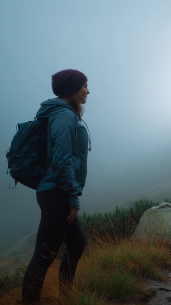 A Thoughtful Hiker Contemplating Nature's Beauty Amidst Misty Mountains and Lush Greenery in an Enchanted Landscape of Tranquility and Adventure.