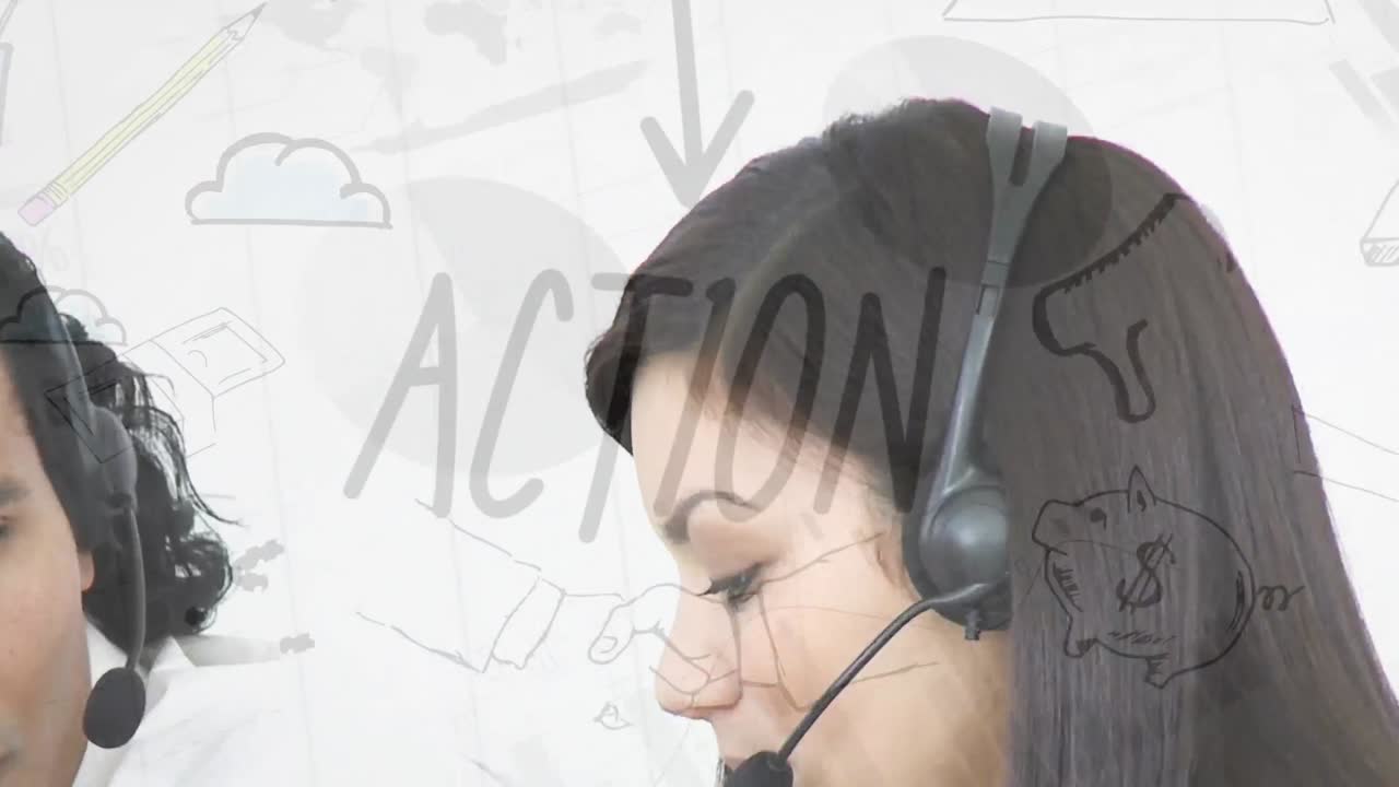 전화 헤드 ⁇ 을 사용하는 다양한 비즈니스 사람들에 대한 금융 데이터 처리 및 아이콘의 애니메이션