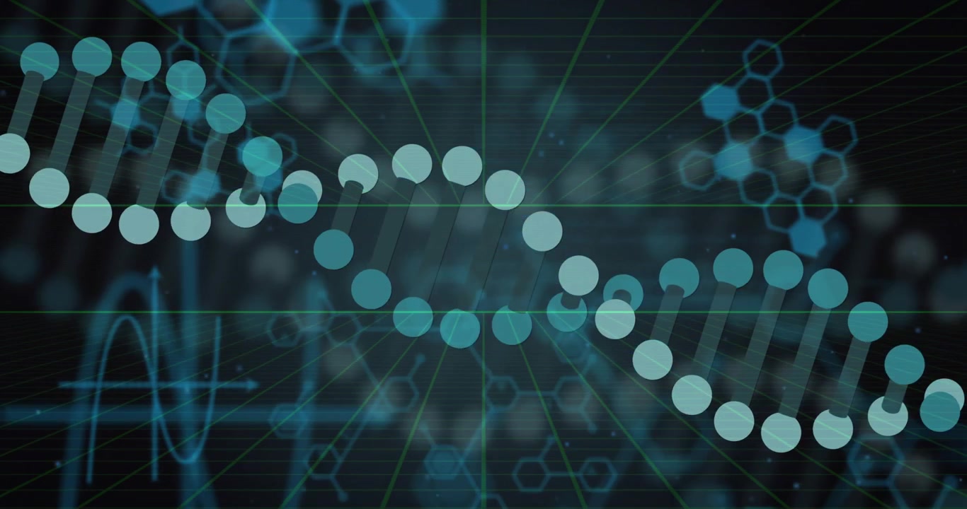 Extending neon grid guiding dots forming DNA helix code scrolling waveform pulsing visualizing data