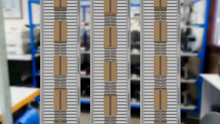 Animation of cardboard boxes on conveyor belts in warehouse