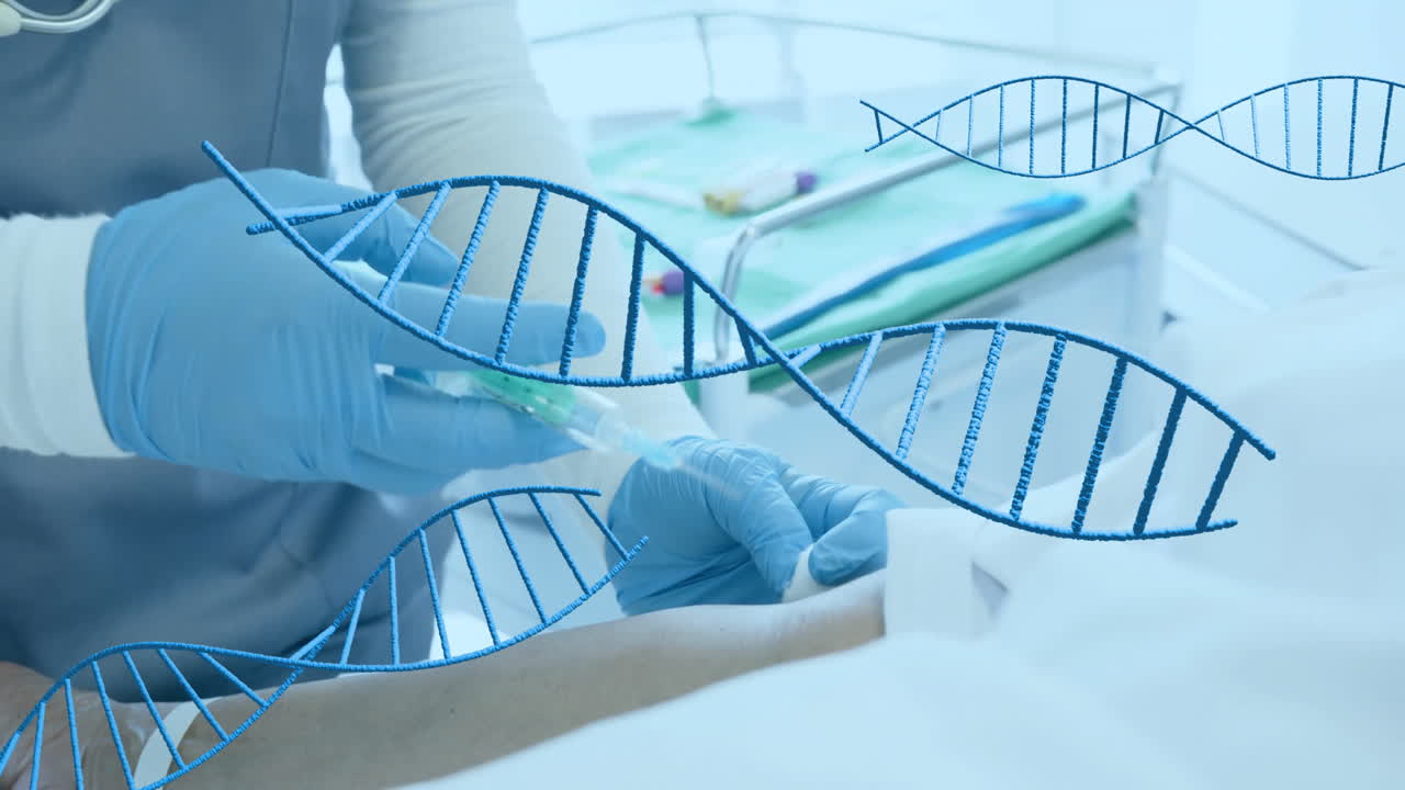 Animation of dna strands over diverse female doctor and patient in hospital