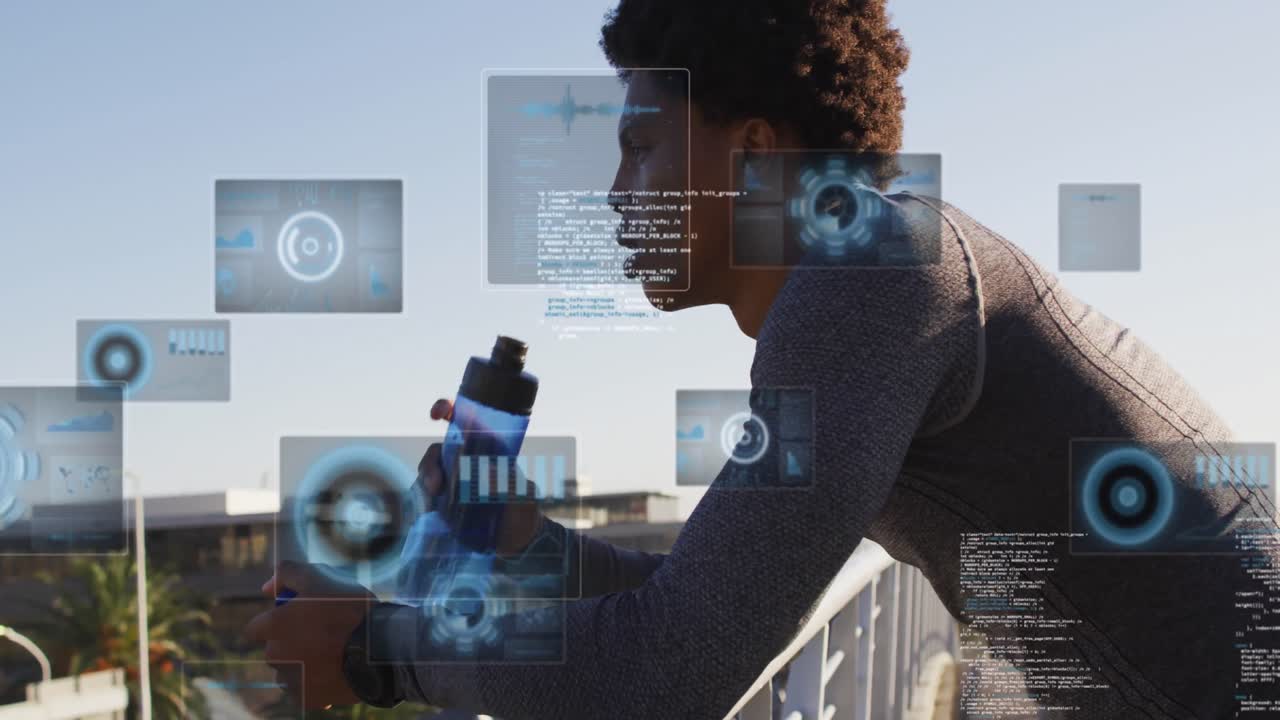 animación del procesamiento de datos sobre un hombre afroamericano bebiendo agua