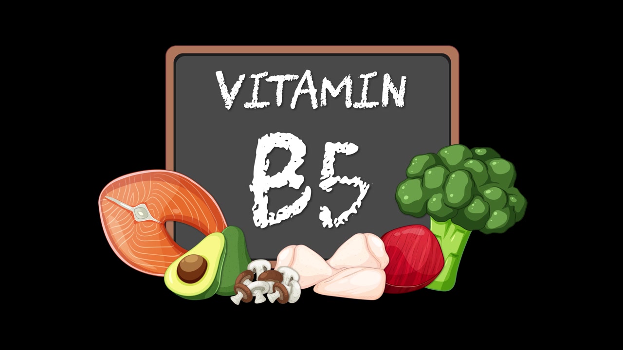 Lavagna con il testo Vitamina B5, circondata da illustrazioni di cibi sani, che si anima su sfondo nero