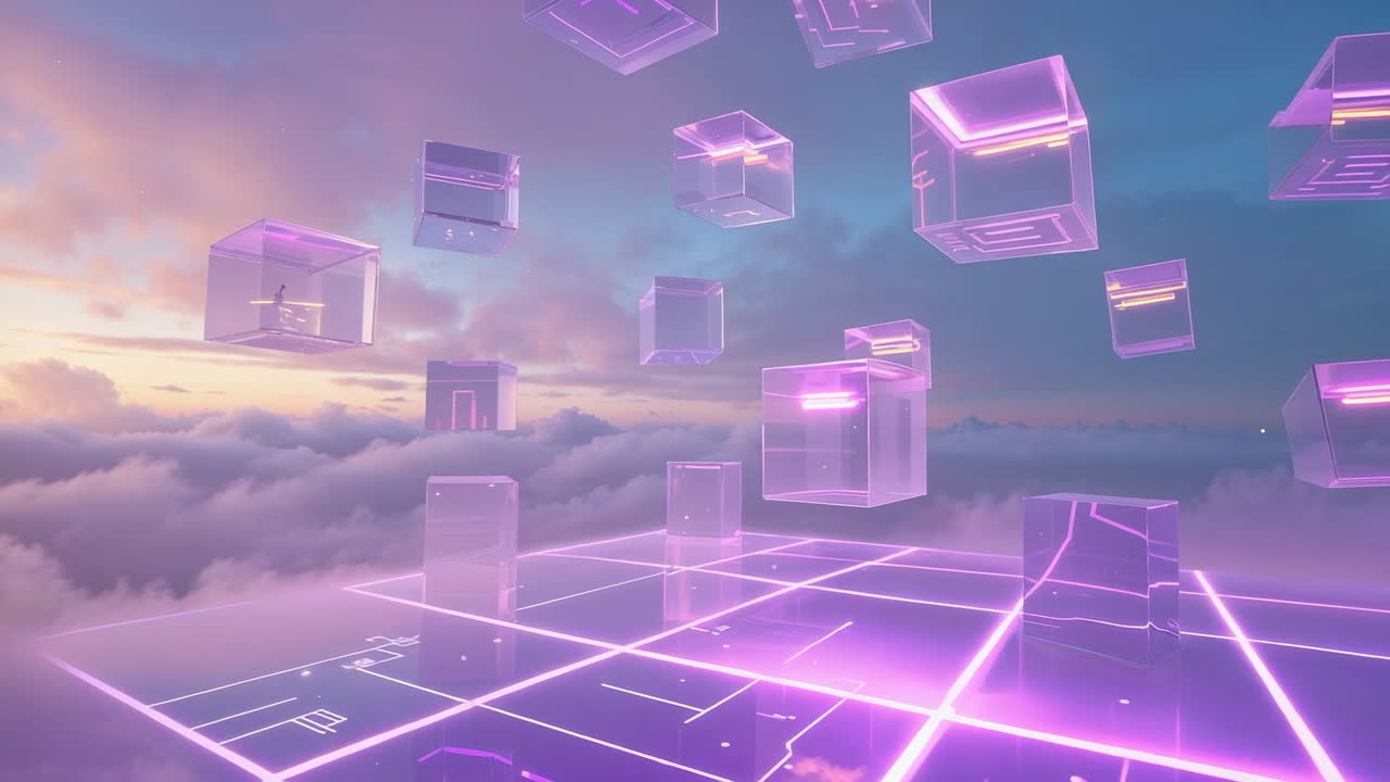 Abstract Futuristic Landscape with Glowing Purple Cubes and Grid
