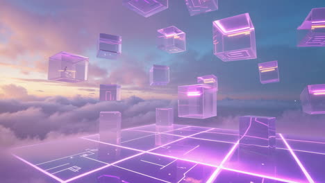 abstract futuristic landscape with glowing purple cubes and grid