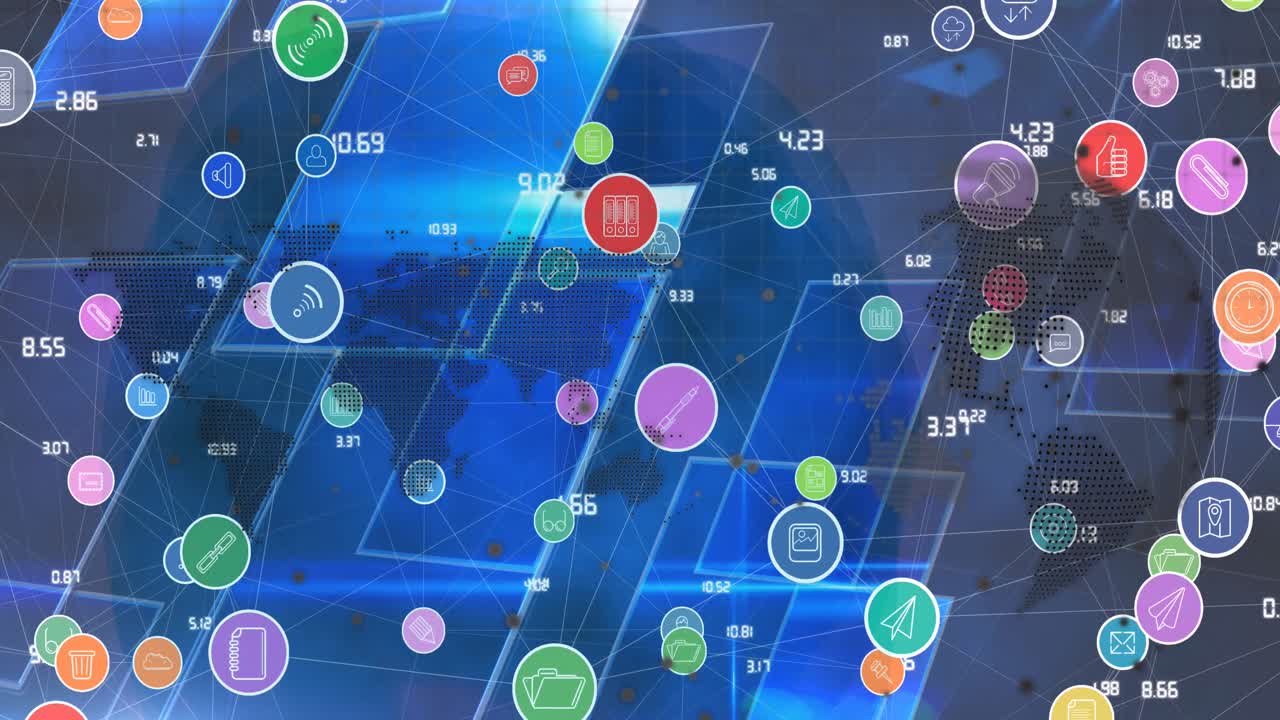 Animation of network of connections with icons over globe