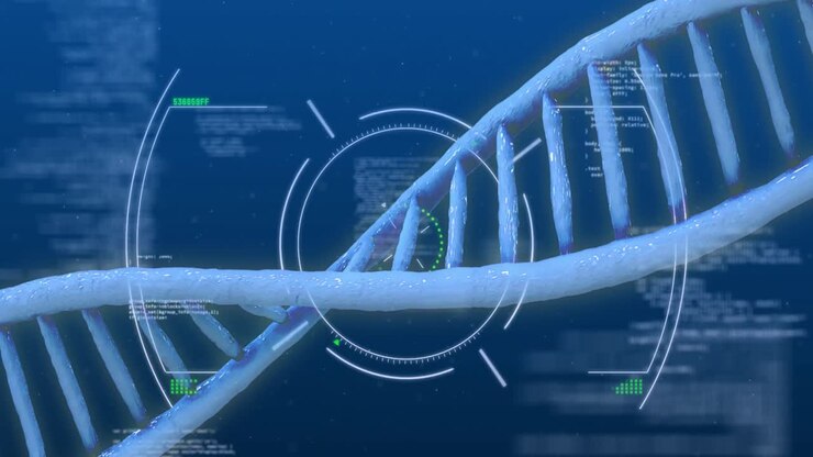 Animation of dna helix and digital scanning over computer language