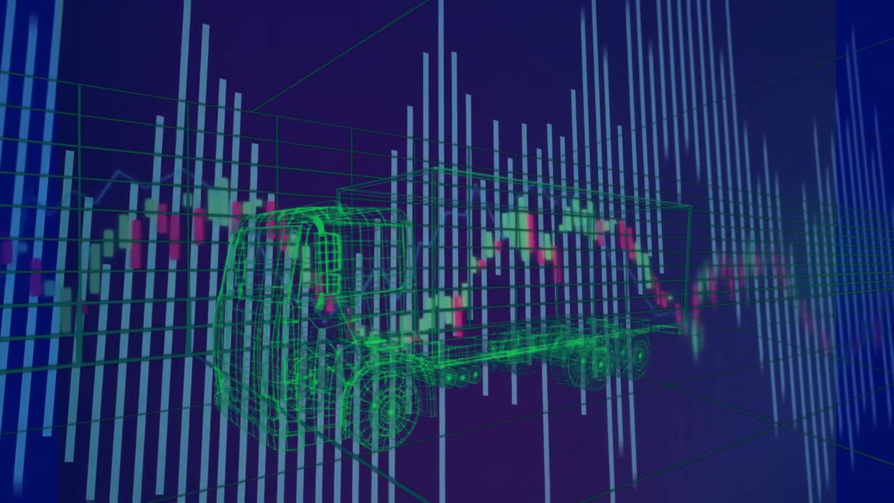 Candlestick line sweeping bars and driving green wireframe truck spinning visualizing market trends