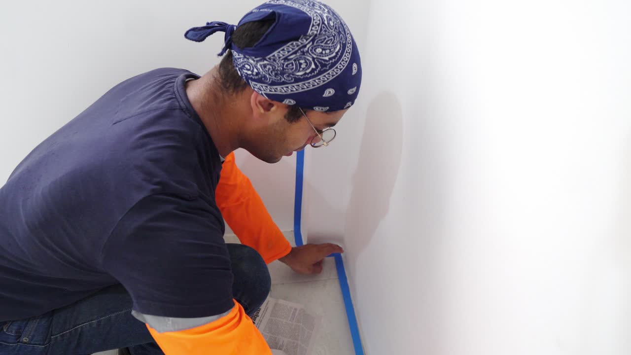 pintor masculino poniendo la cinta de pintor - de cerca