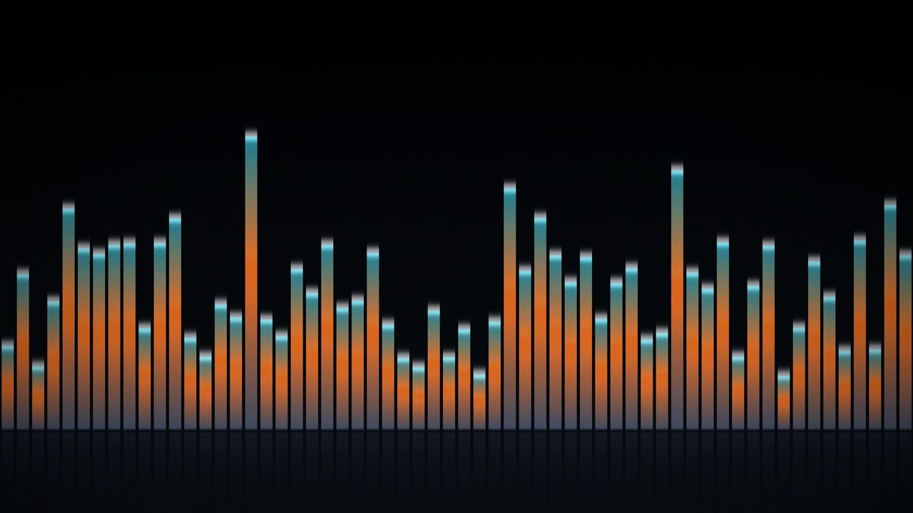 Un vibrante equalizzatore audio digitale visualizza le onde sonore con barre fluttuanti, perfetto per illustrare concetti di musica, tecnologia o analisi dei dati.