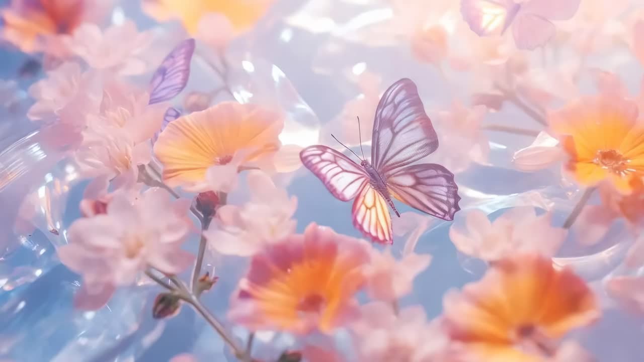 パステルカラーの花々の間を飛び交う鮮やかな蝶を空から見た、夢のような、この世のものとは思えない雰囲気